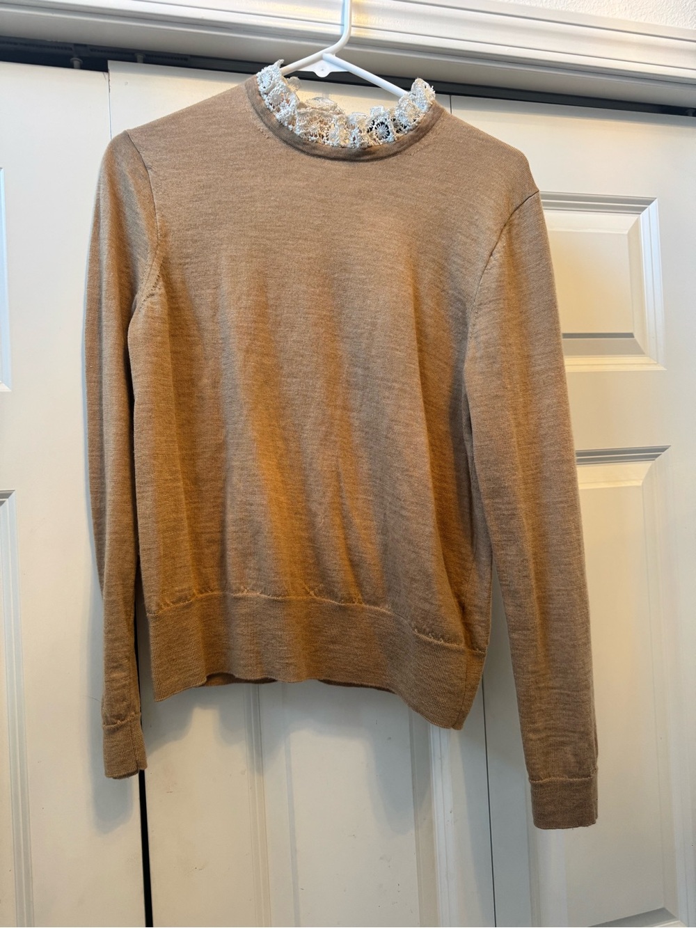 J Crew 100% Merino Wool Lightweight Sweater Lace Collar Camel Tan Large